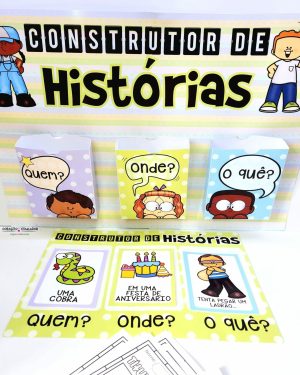 Material educativo para construir histórias com perguntas essenciais.