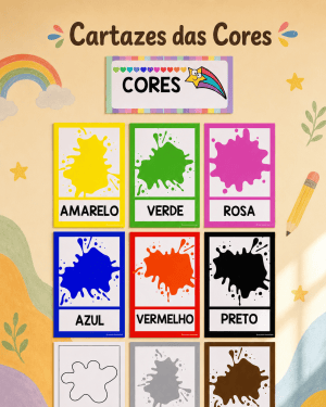 Cartaz com cores do arco-íris e tinta de várias cores para educação.